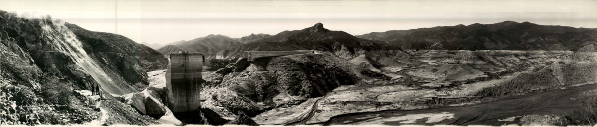 St. Francis Dam and reservoir after collapse, facing downstream.